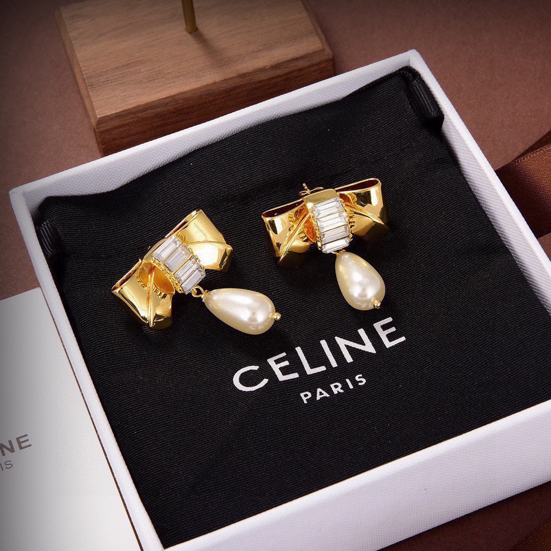18K Celine Butterfly Pearl Pendant Earrings